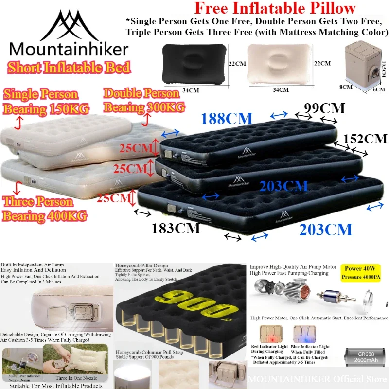 Camping Air Mattress Built In Pump - MOUNTAINHIKER Nadmuchiwany Materac Powietrzny do Wnętrz,