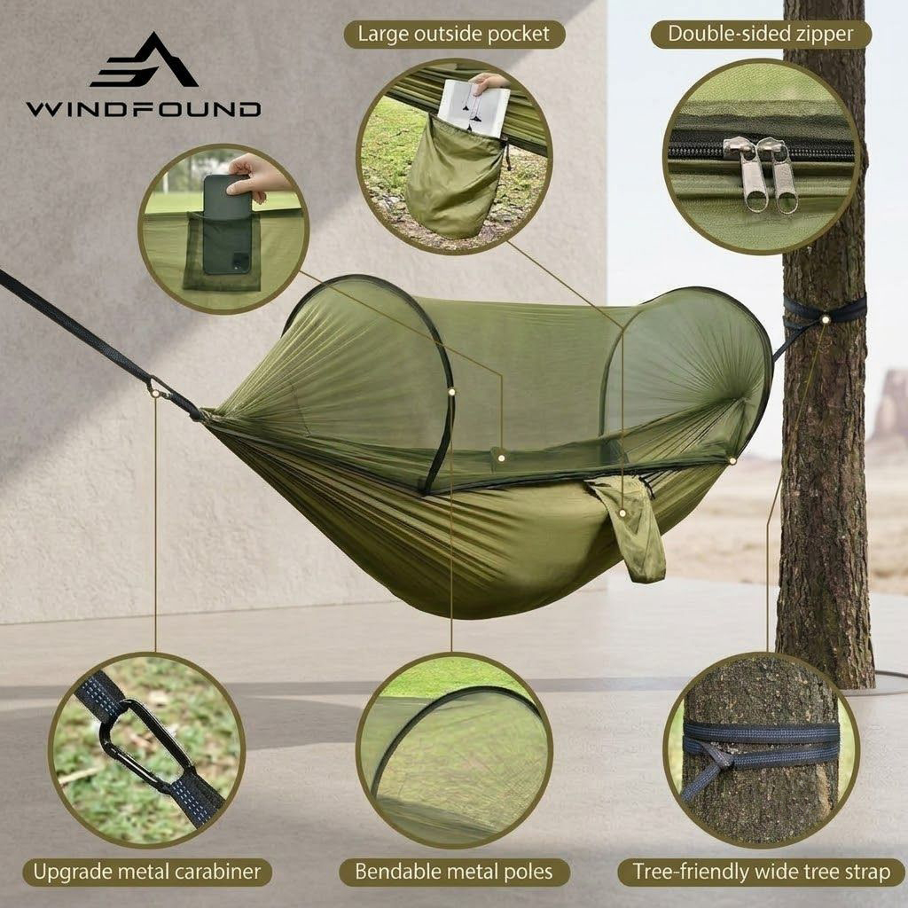 Double Hammock Portable Parachute Nylon - Ultralekki hamak kempingowy z moskitierą, przenośne